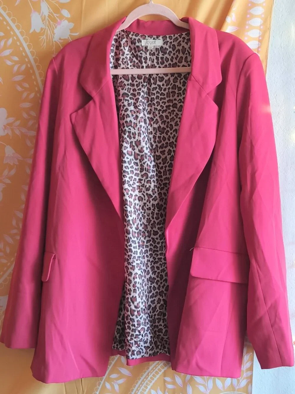 Oddy Hot Pink Open Deep V Neck Blazar with Silk Leopard Print Lining Size 3X
